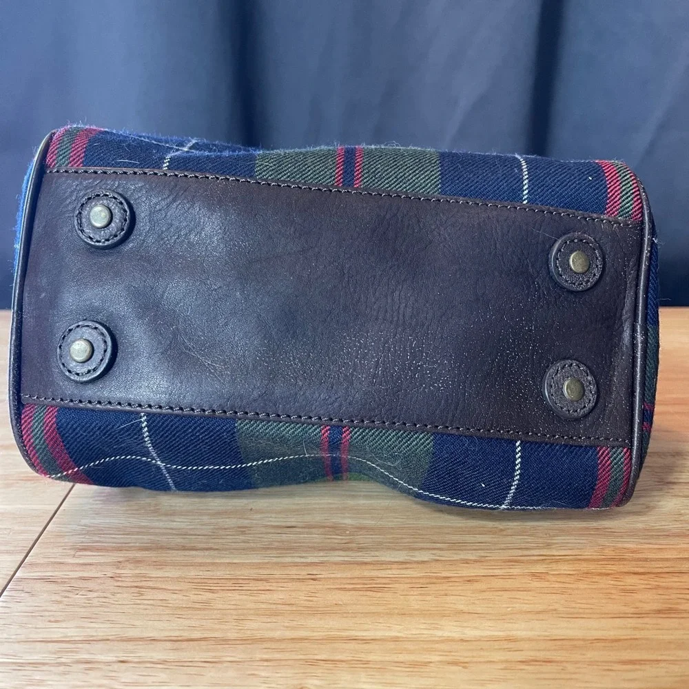 J. Crew Plaid Wool Leather Satchel Bag Green Navy Brown Tartan Doctor Bag